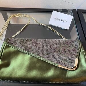 Nine West Olive Green Satin Clutch | Y2K Indie Sleaze Quiet Luxury Chain Bag